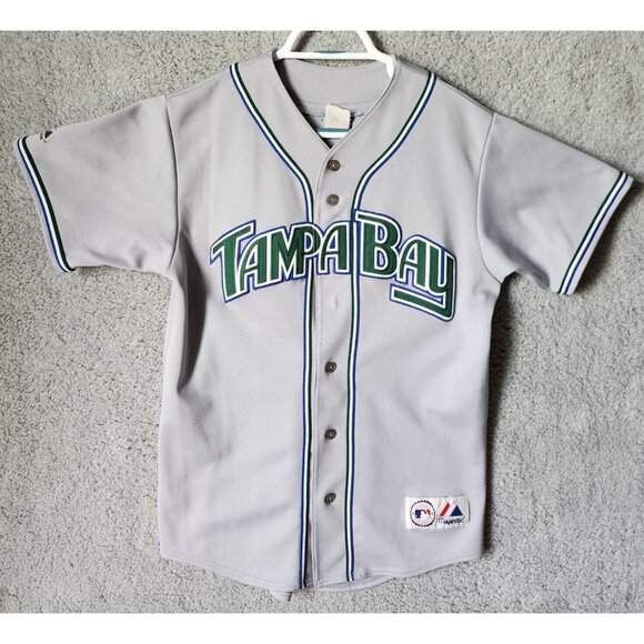 VTG Tampa Bay Devil Rays Gray Button Up Jersey Majestic Embroidered Size Large - Picture 1 of 16